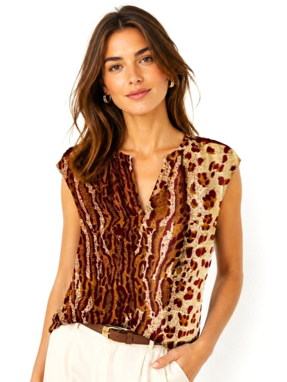 Parker Animal Print V-Neck Zip Shoulder Silk Top